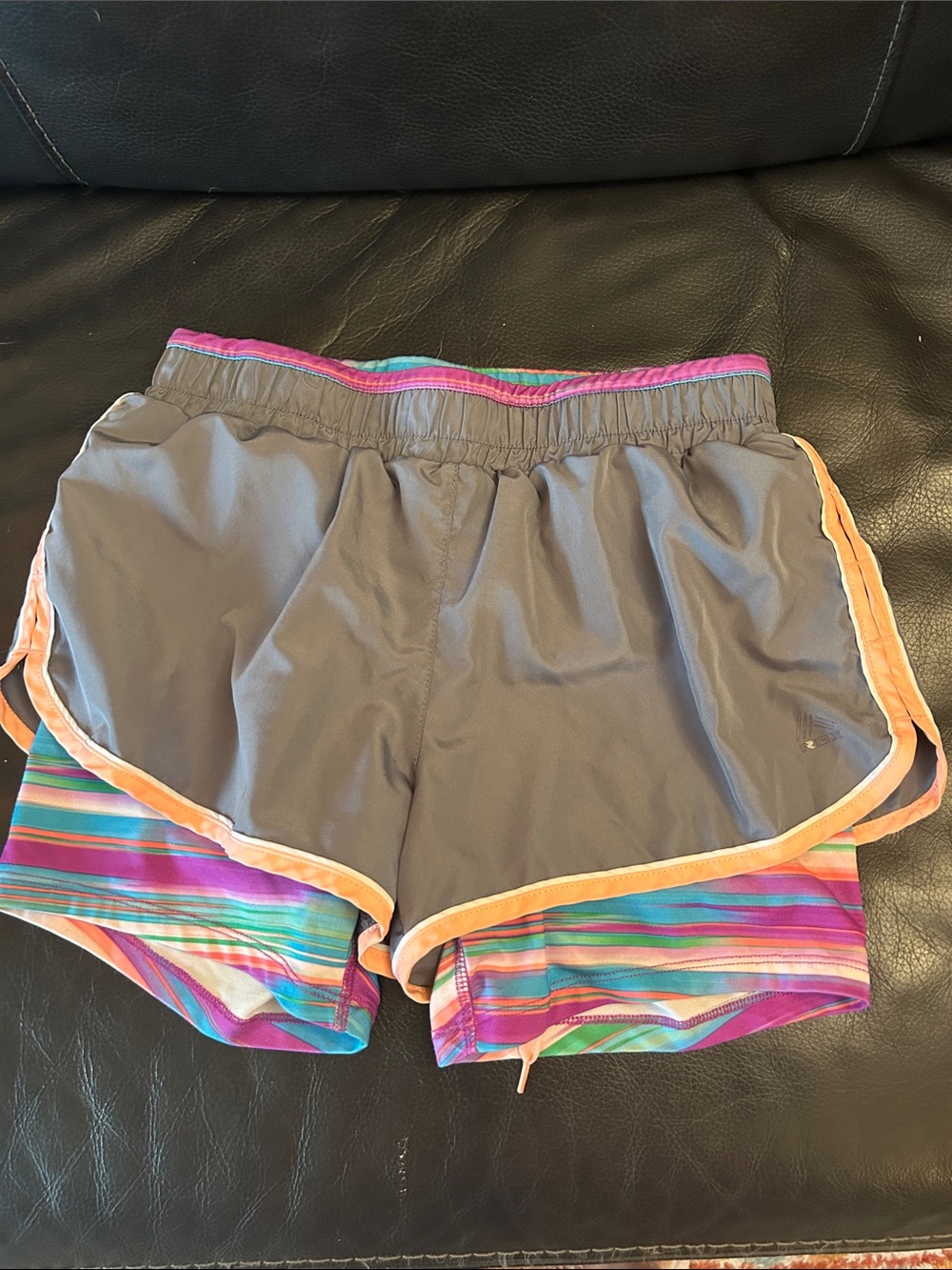 RBX Gray Athletic Shorts with Multicolor Striped Liner and Peach Trim